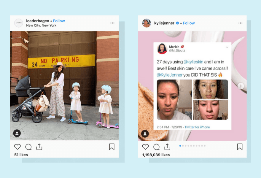 Capturas de pantalla de Leaderbags y Kylie Jenner usando Instagram para su negocio en línea