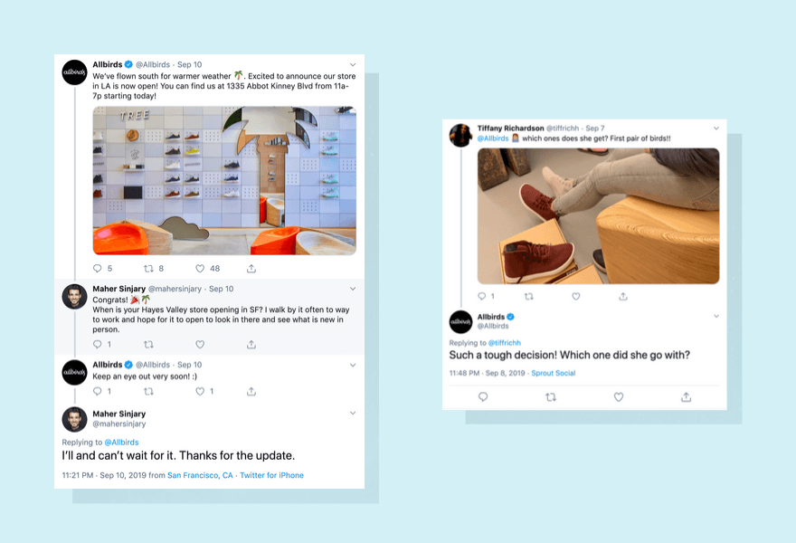 Allbirds usando su cuenta de Twitter para interactuar con los clientes