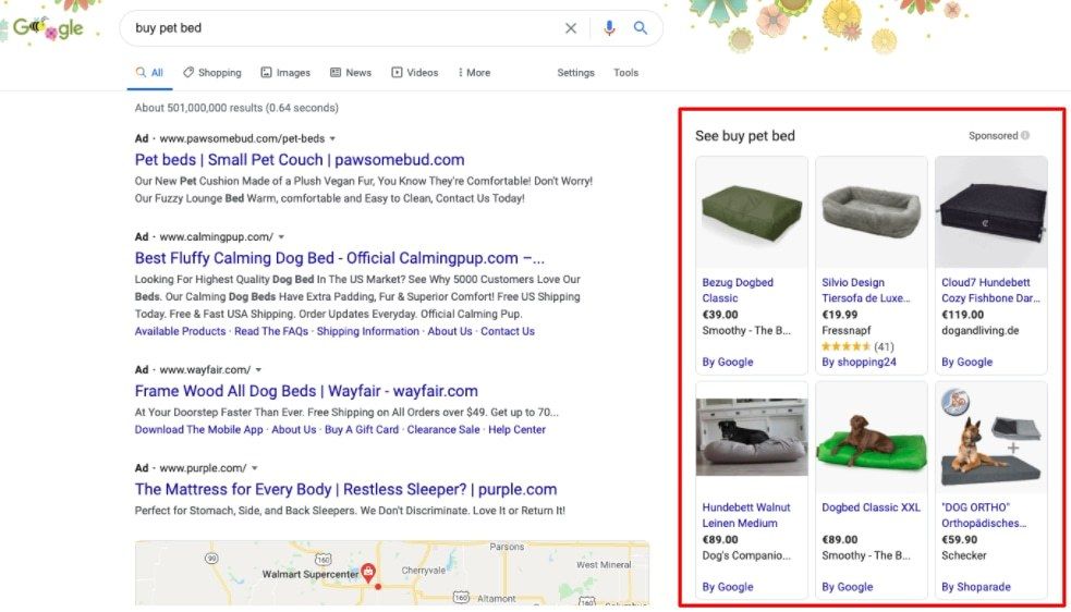 „Google“ produktų sąrašo skelbimų ekrano kopija
