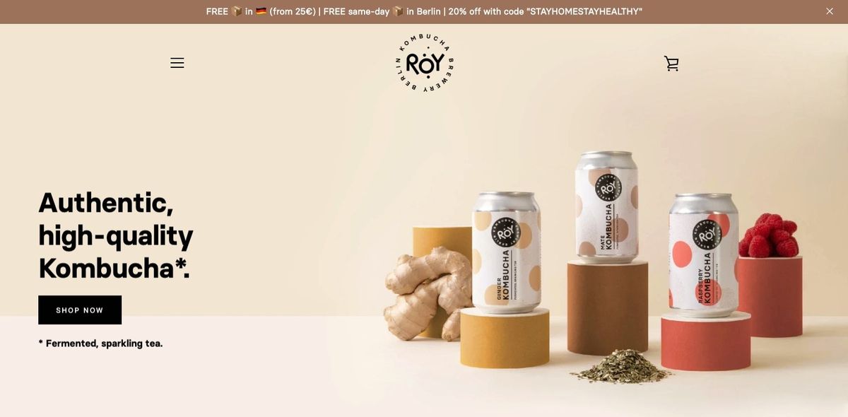 Screenshot von der ROY Kombucha Homepage