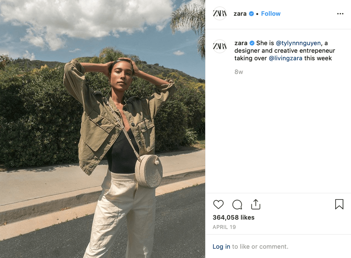 Näyttökuva Zara-vaatemerkistä ja vaikuttajaa esittävä Instagram-viesti