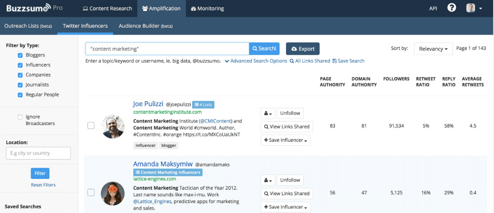 Екранна снимка на таблото за управление на Buzzsumo за намиране на влиятелни лица