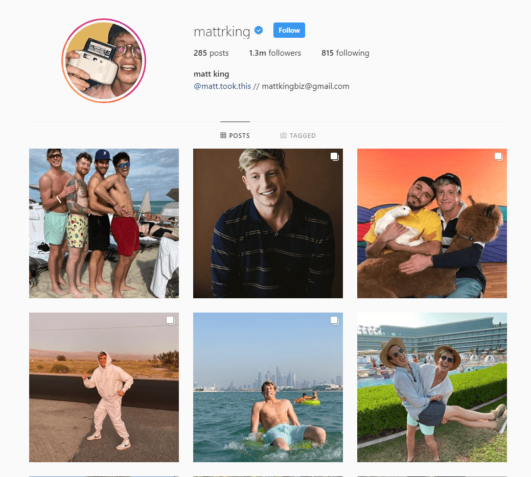 Näyttökuva Instagram Influencer Matt Kingistä