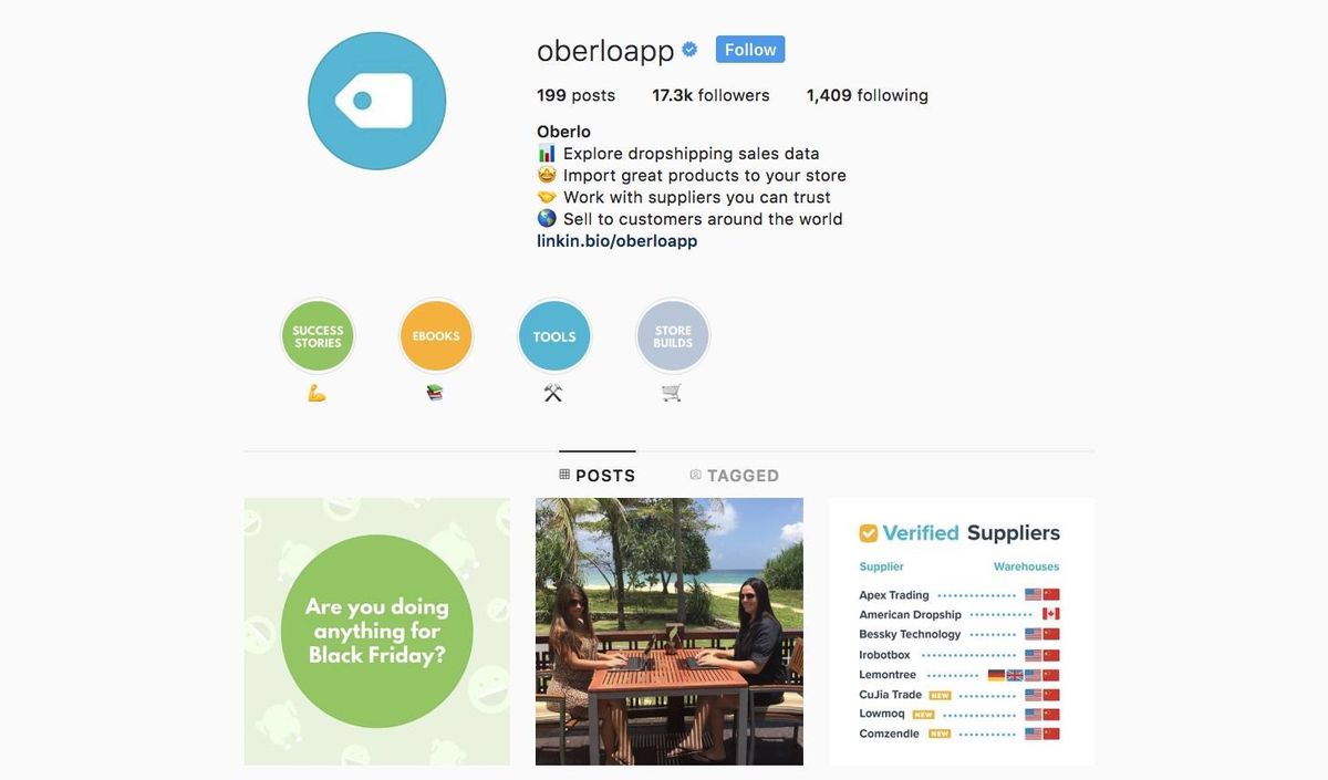 Na-verify ng Oberlo instagram