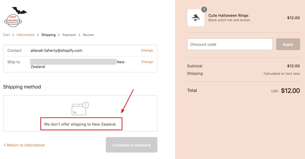 Captura de pantalla de la sección Shopify Checkout & aposShipping & apos