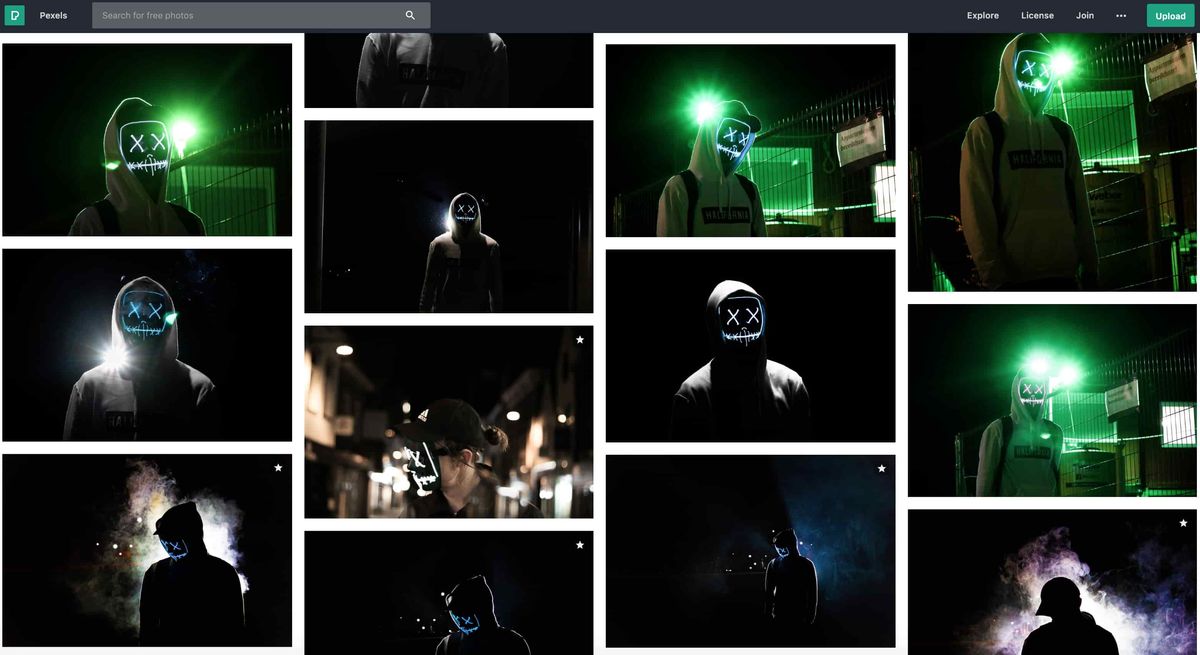 Screenshot mit vielen verschiedenen Bildern der Leuchtmaske auf einer Stock-Image-Website