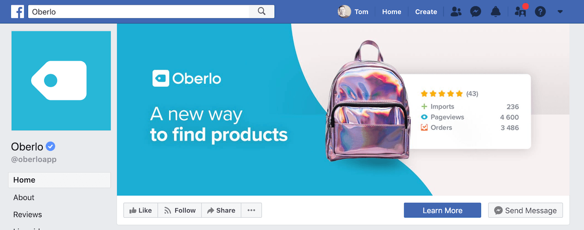 Página de Facebook de Oberlo & aposs