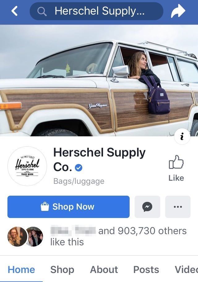 Facebook stranica Herschel Supply na mobilnom uređaju