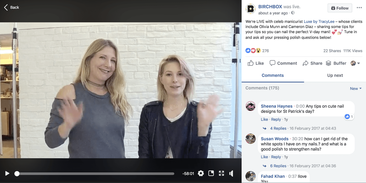 Vídeo en directe de Facebook de Birchbox