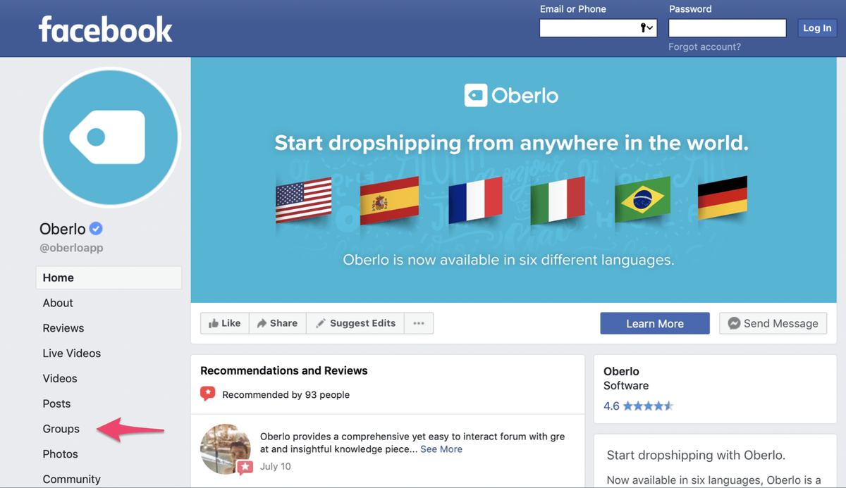 ओबेरेलो फेसबुक पेज का स्क्रीनशॉट