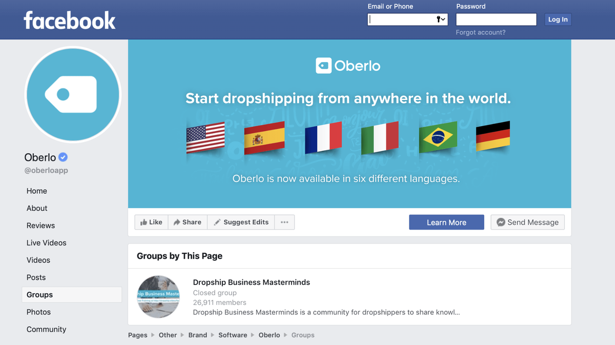 Captura de pantalla de la página de Facebook de Oberlo