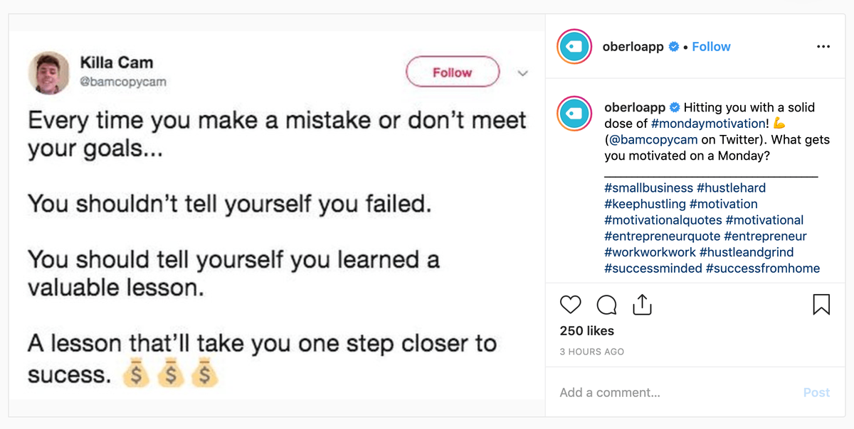 Captura de pantalla de Instagram de Oberlo que muestra hashtags