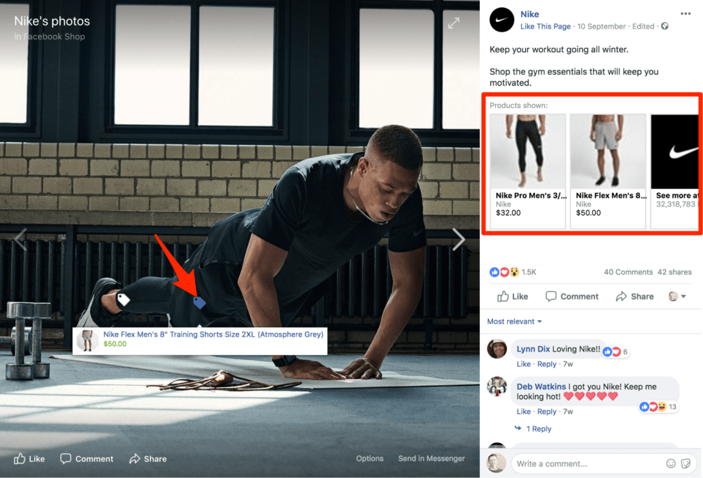 Captura de pantalla del ejemplo de la tienda de Facebook de Nike