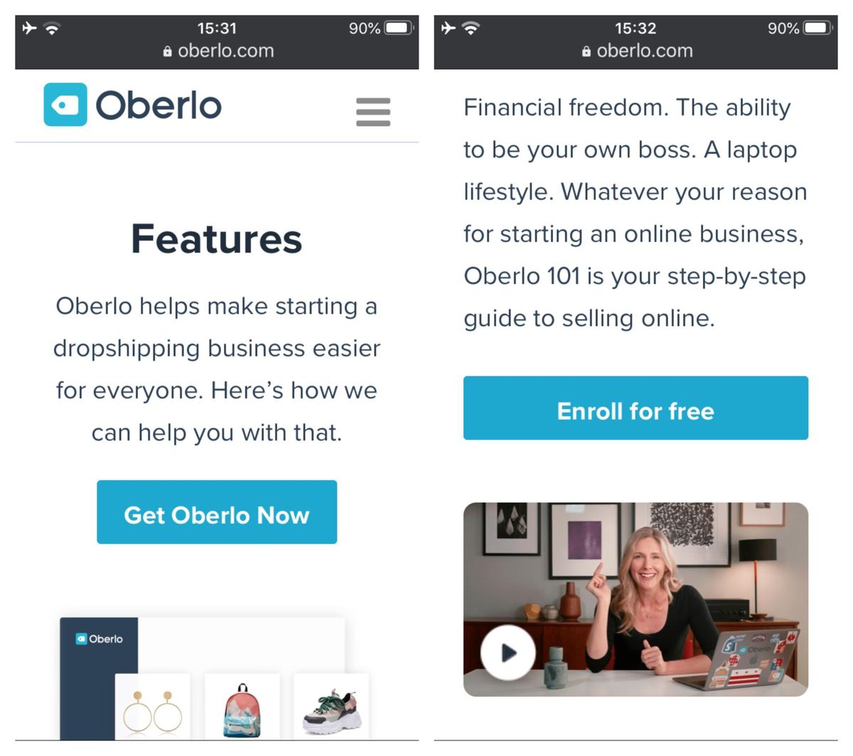 „Oberlo Mobile“ svetainės dizainas