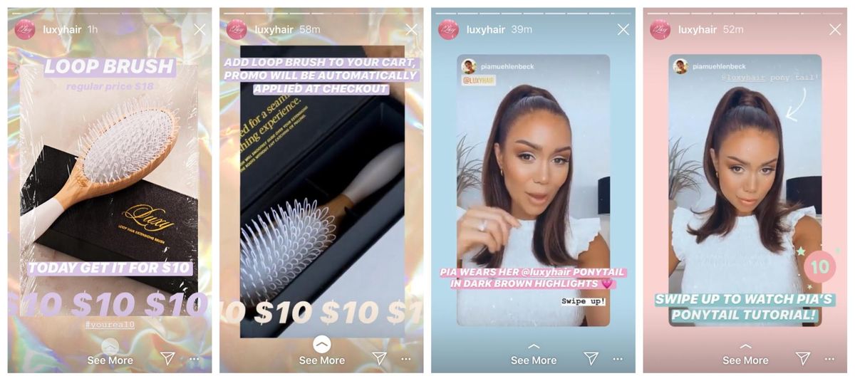 Luxy Hair Instagram stāstu noformējuma piemērs