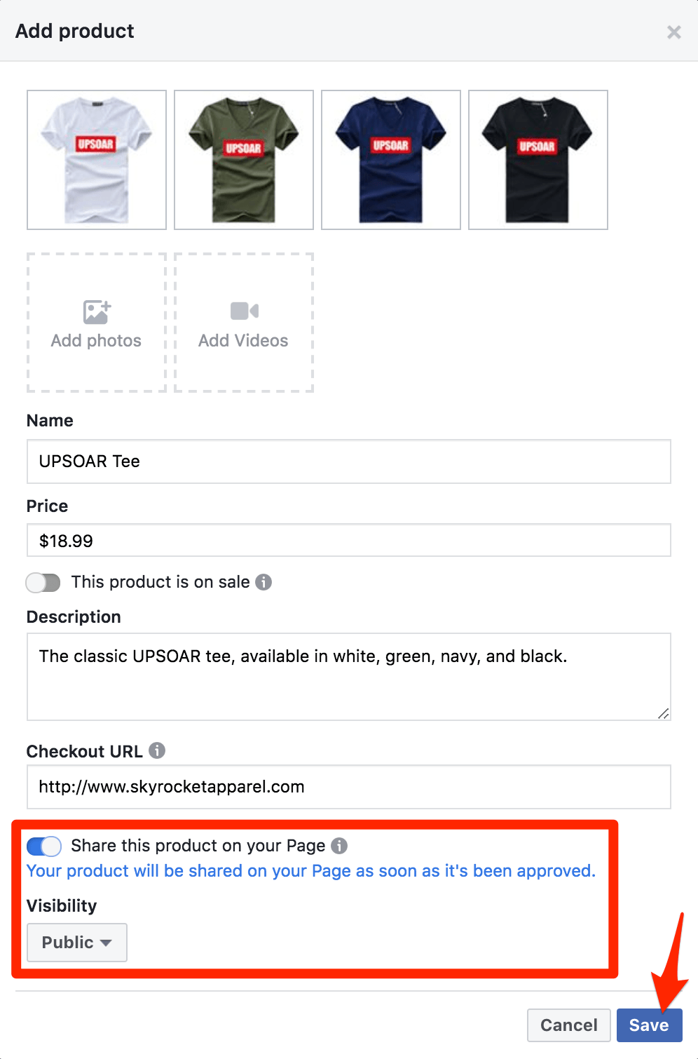 Botiga de Facebook Afegeix producte