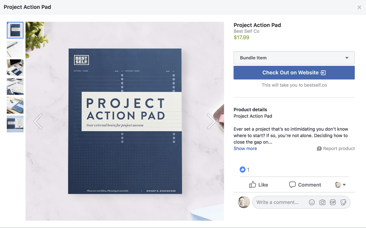 Пример за страница на продукт във Facebook Shop