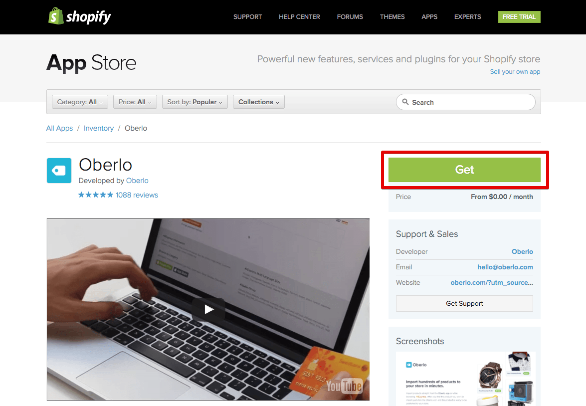 Приложение Oberlo на Shopify
