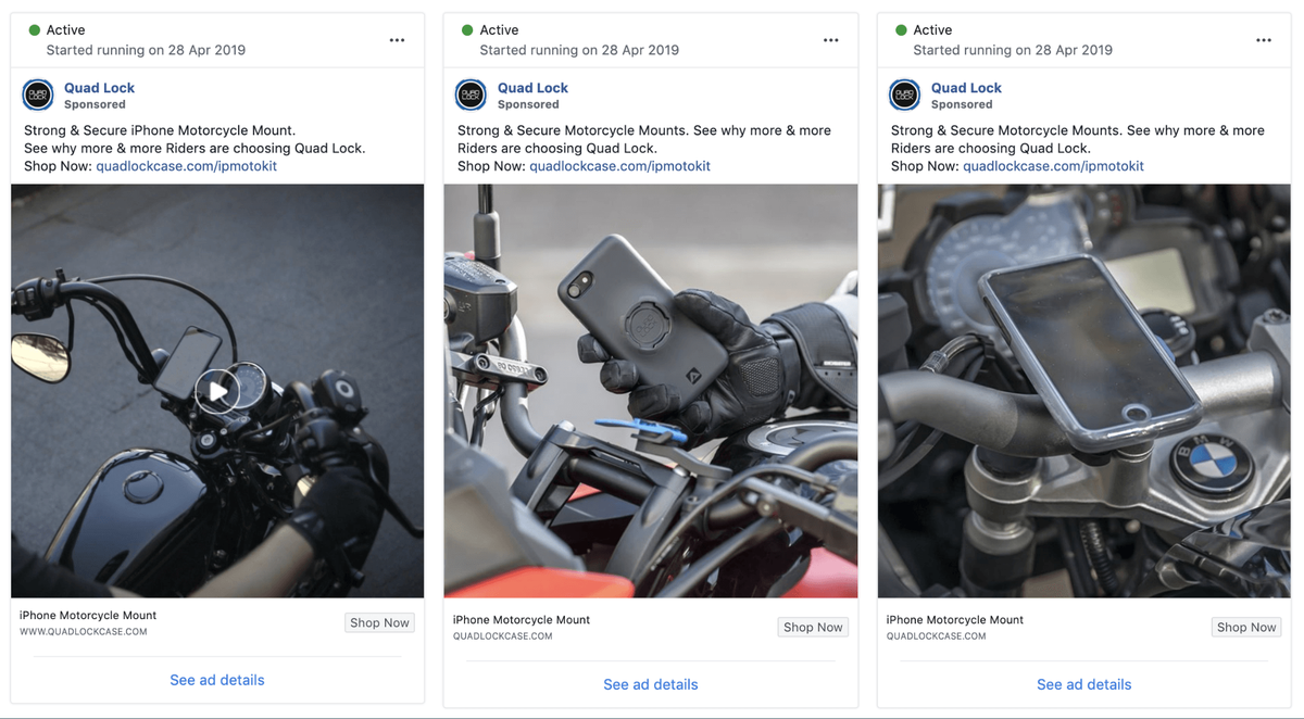 Quad Lock Facebook reklāmu sadalīšanas tests