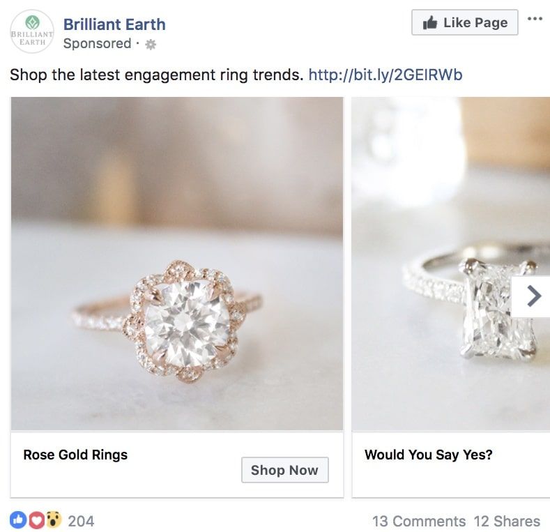 Brilliant Earth: exemples d’anuncis de Facebook