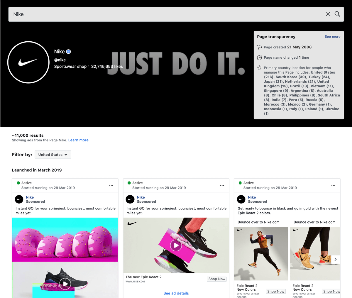 Información y anuncios de Facebook de Nike