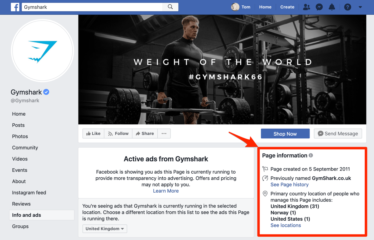 Información y anuncios de Gymshark en Facebook