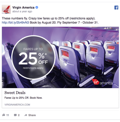 Facebook реклама на Virgin America във Facebook