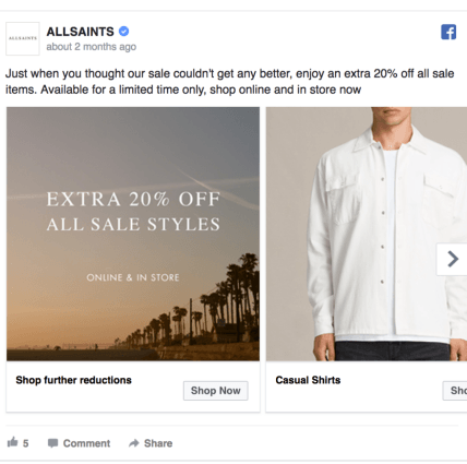 AllSaints Facebook dizajn oglasa