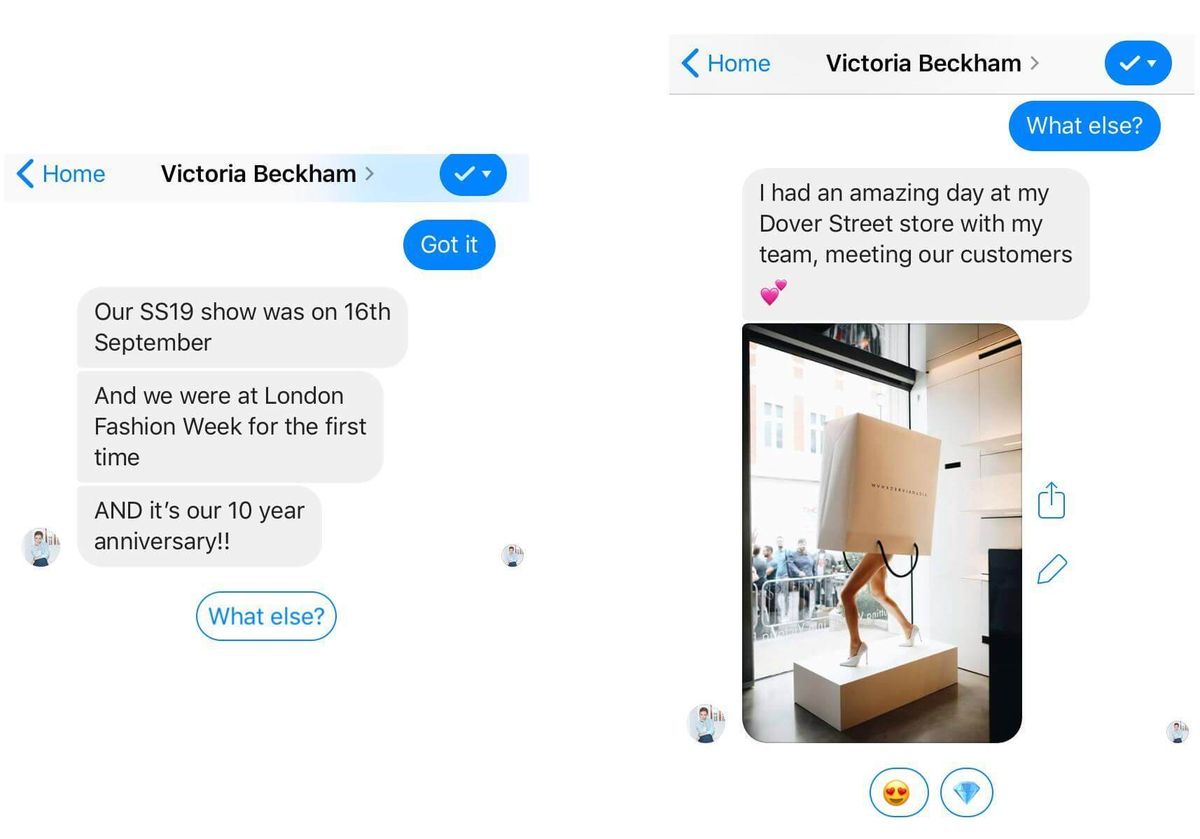 actualizări de chatbot pe Facebook Victoria Beckham