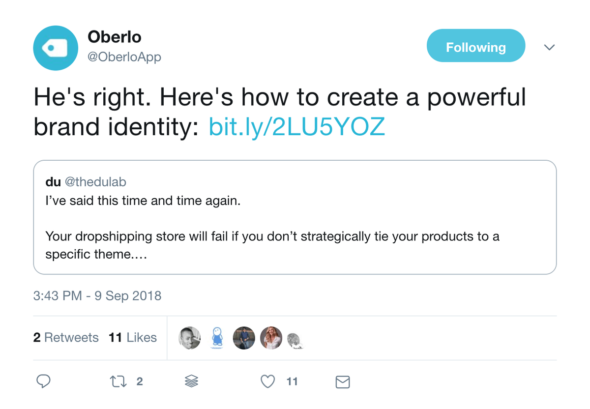 Publicación de Twitter de Oberlo