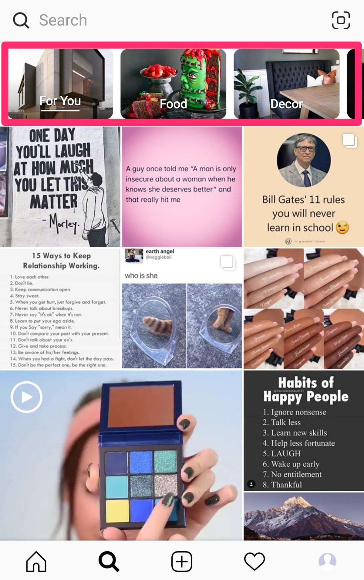 Instagram explorar categorías
