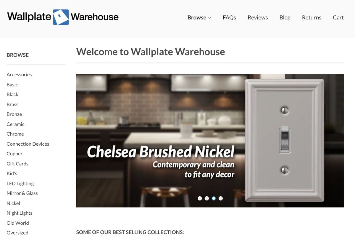 „Wallplate Warehouse“ pagrindinio puslapio ekrano kopija