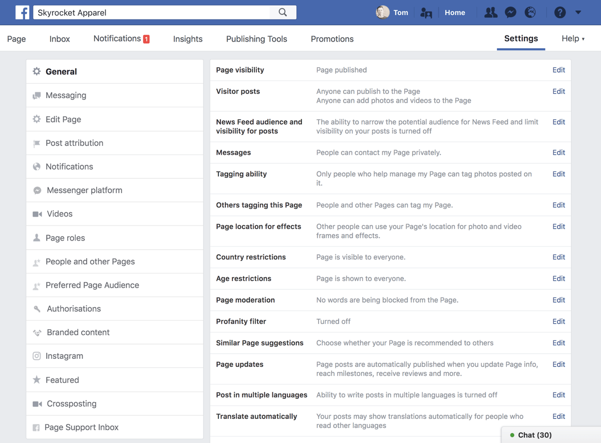 Facebook Business Page Einstellungen