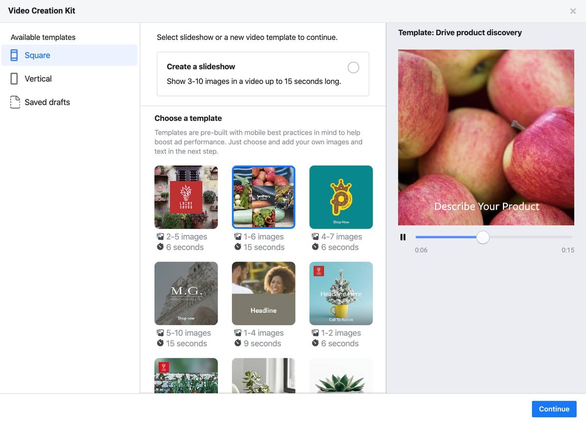 „Facebook“ vaizdo įrašo ir vaizdo įrašo bei skaidrių demonstravimo kūrimo rinkinio ekrano kopija