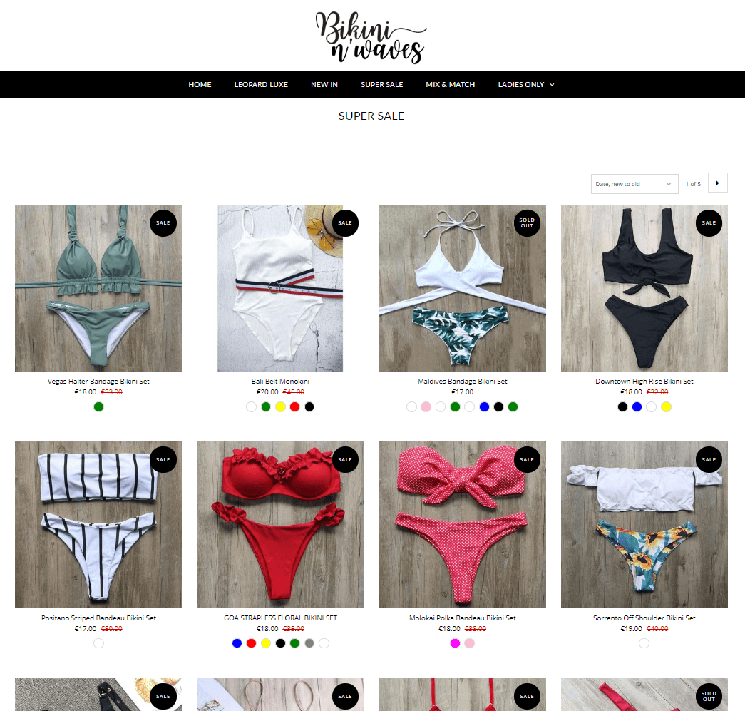 bikini i fale na stronie z listą produktów