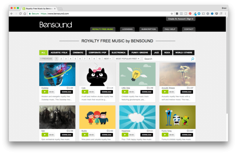 Предварителен преглед на страницата за фонова музика на Bensound