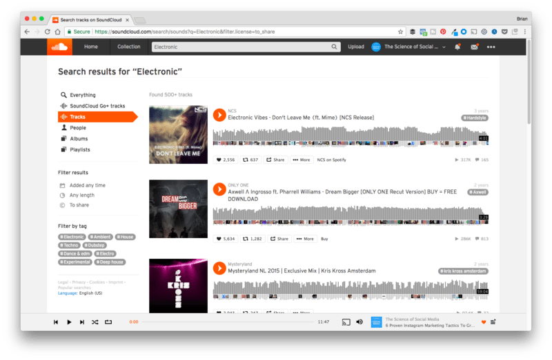 Aperçu de la page de musique de fond SoundCloud
