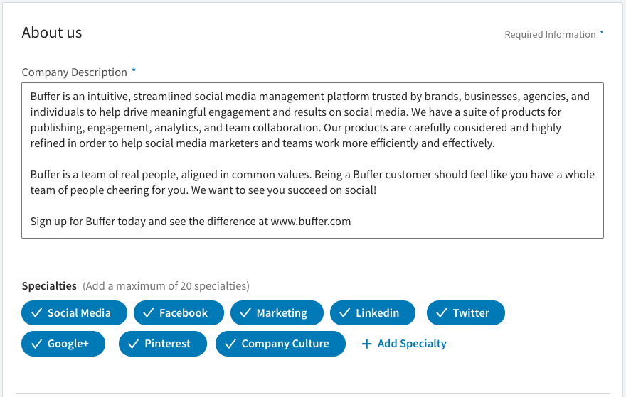 „LinkedIn“ įmonės puslapis - raktiniai žodžiai