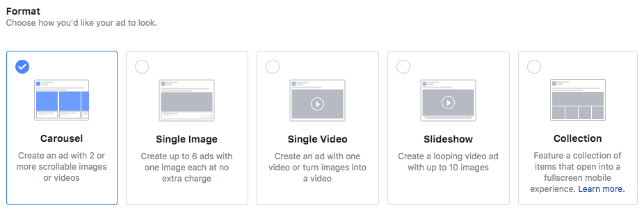 फेसबुक विज्ञापन प्रकार: हिंडोला, एकल छवि, एकल वीडियो, स्लाइड शो, संग्रह