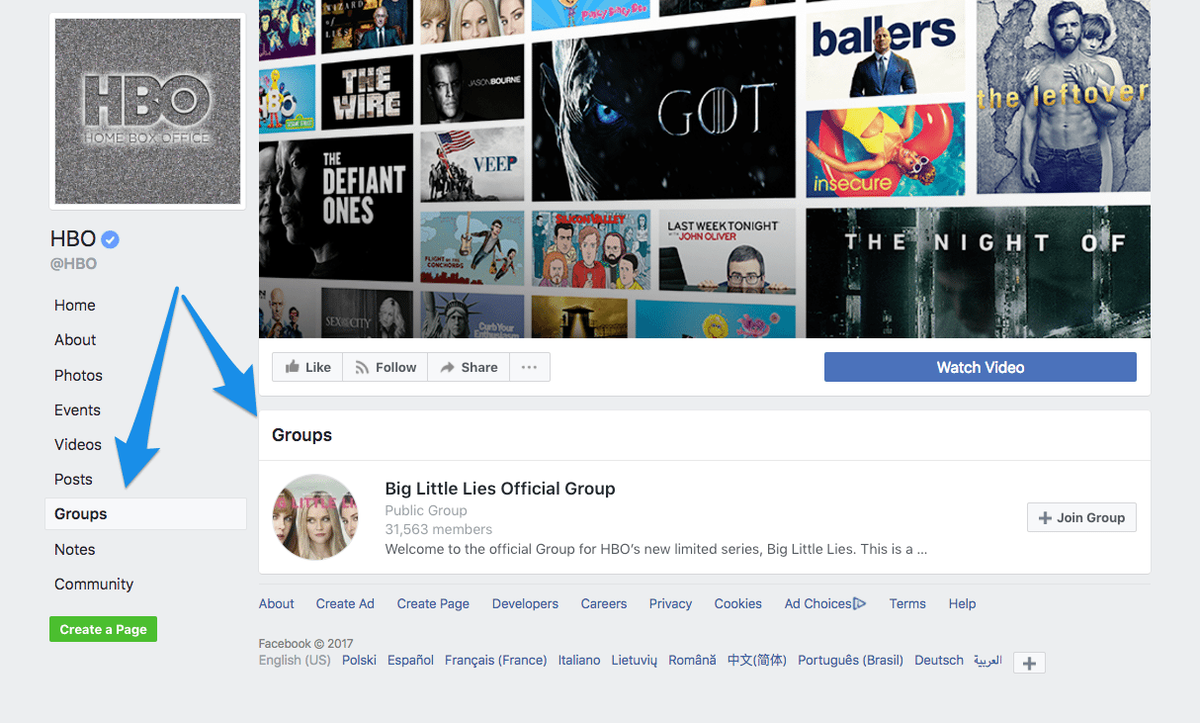 Page Facebook et groupe HBO