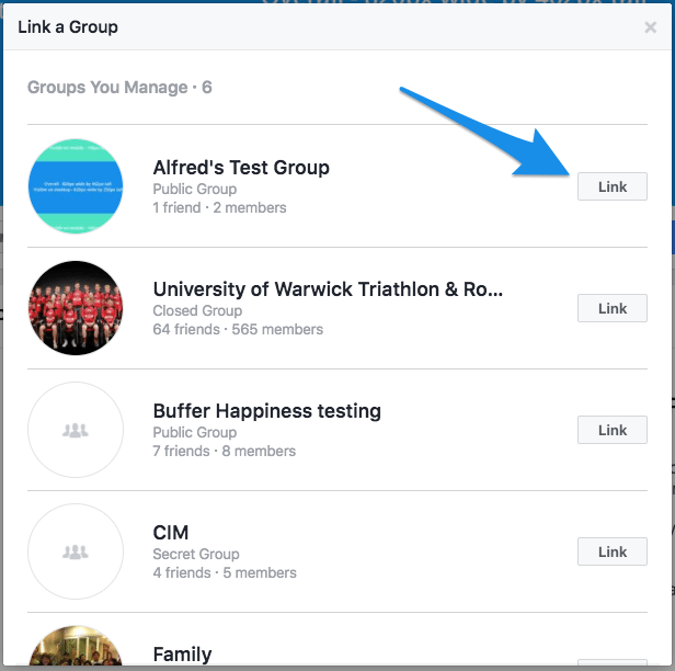 Pasirinkite „Facebook“ grupę, kurią norite susieti