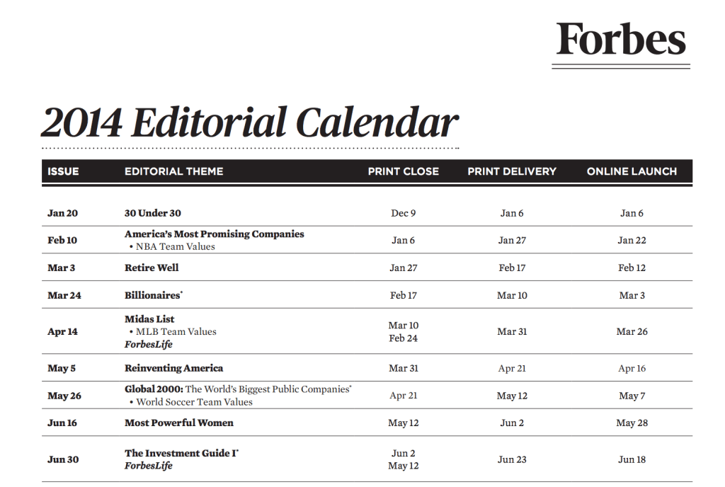 Forbes calendar