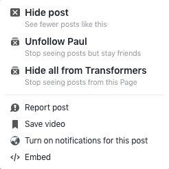 Ascundeți postarea, anulați urmărirea lui Paul sau ascundeți totul de Transformers
