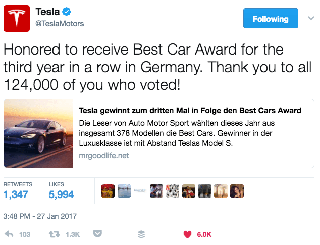 Tesla mostrando aprecio en Twitter
