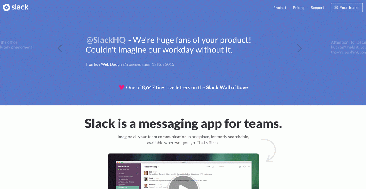Slack User Testimonials auf einer Landing Page