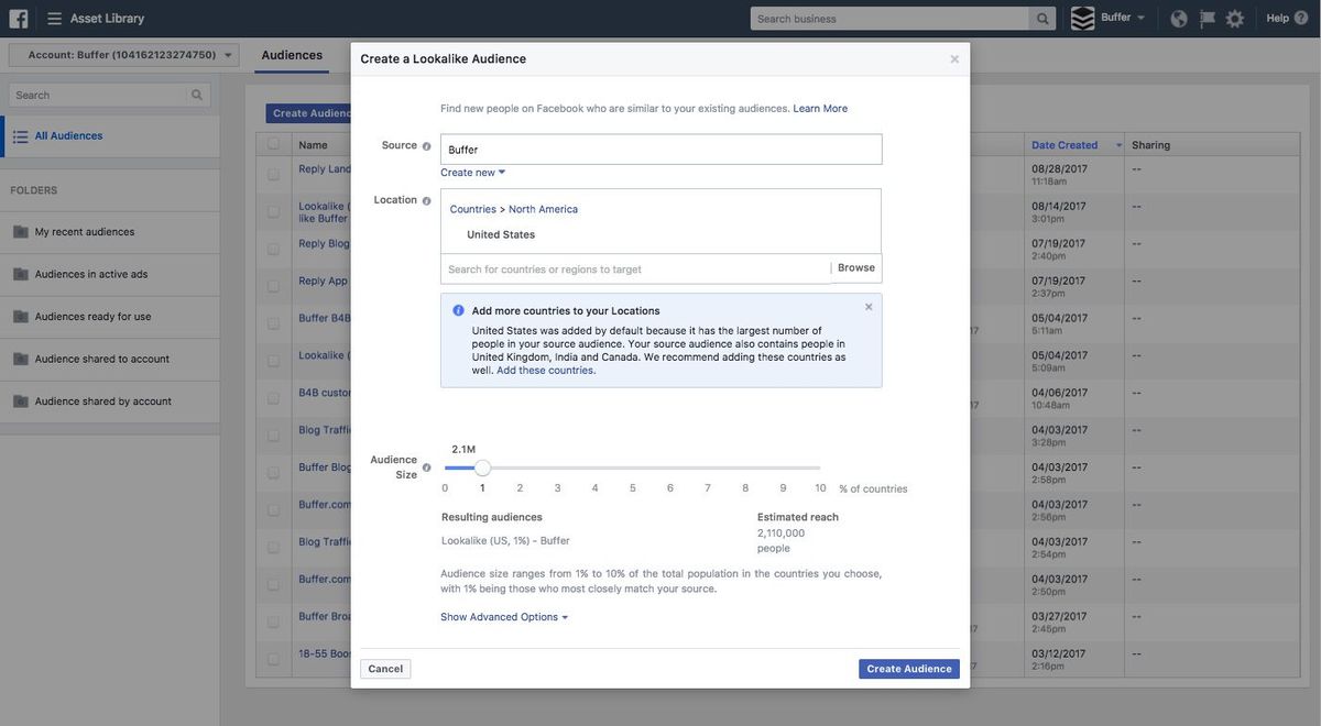 Créer une audience similaire - Facebook Ads Manager