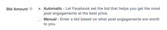 „Facebook“ automatinio arba rankinio kainos pasiūlymo parinktys