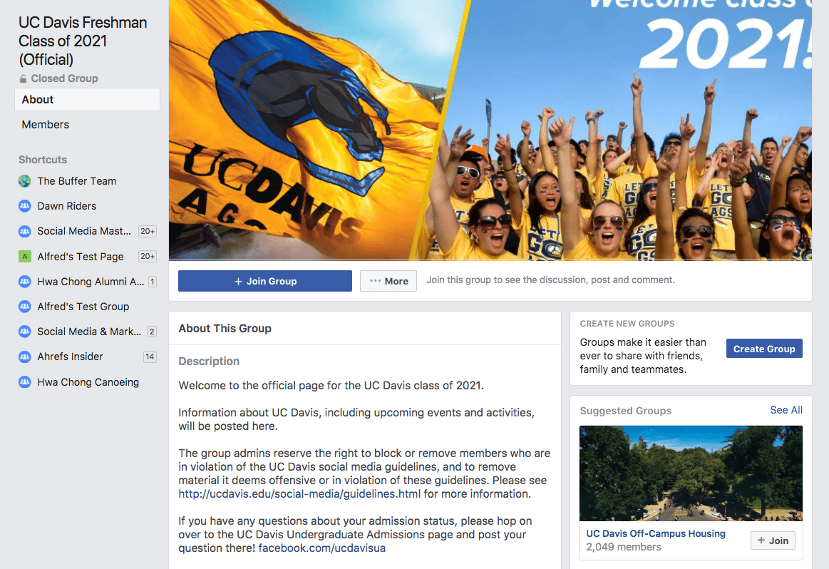 Grupo de Facebook para estudiantes de primer año de UC Davis