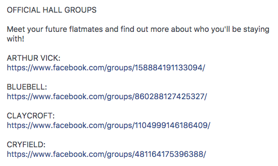 Facebook-Gruppen der University of Warwick Hall