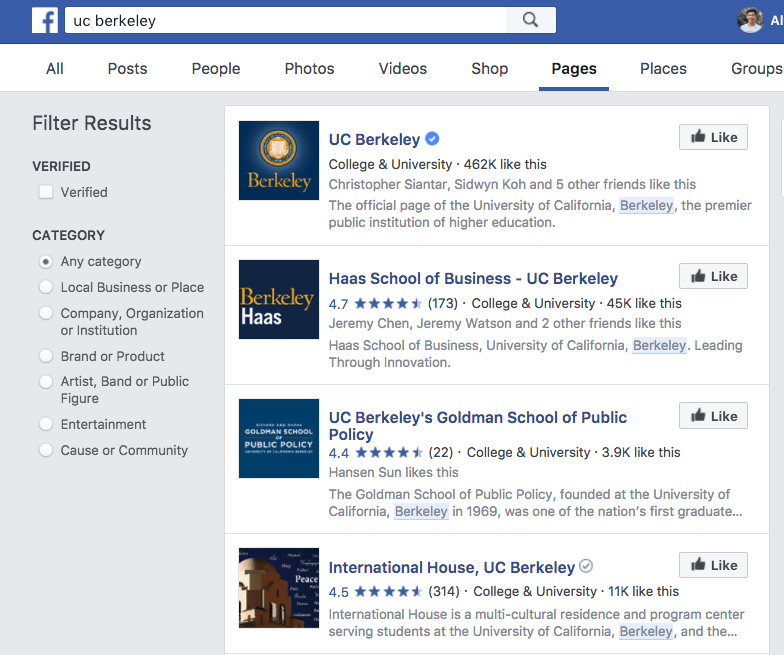Páginas de Facebook de UC Berkeley